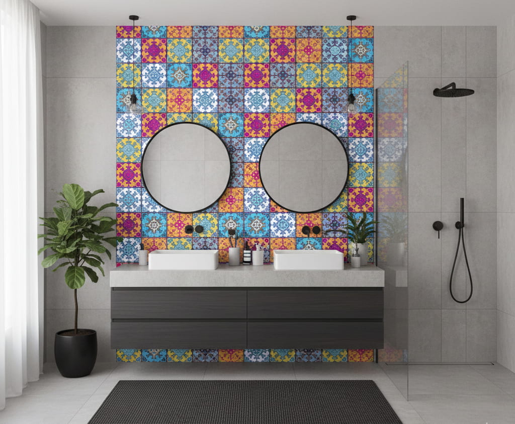 Inspiration 1 Wallpaper and Wall Murals South Africa Bathroom with the Såo Tile Wallpaper, a modern wallpaper design that blends green, grey hues with subtle backsplash, bathroom motif – ideal for a polished, contemporary interior.