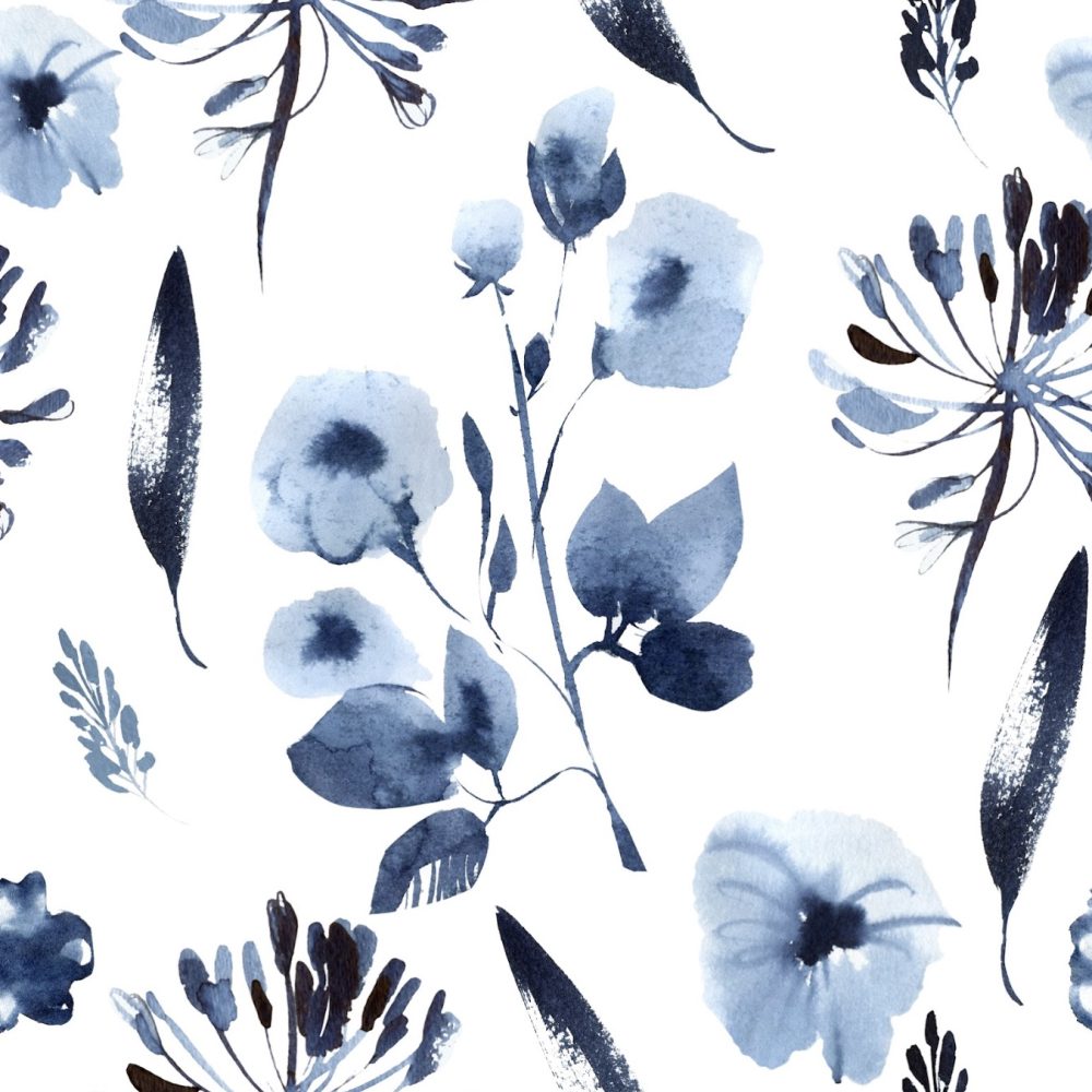 Blue flowers and leaves on white background wallpaper and wall murals shop in South Africa. Wallpaper and wall mural online store with a huge range for sale.