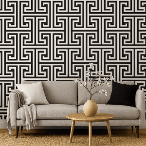 Mazed Out geometric wallpaper with black Greek key maze pattern on white background across a modern study — Wallpaper Online South Africa
