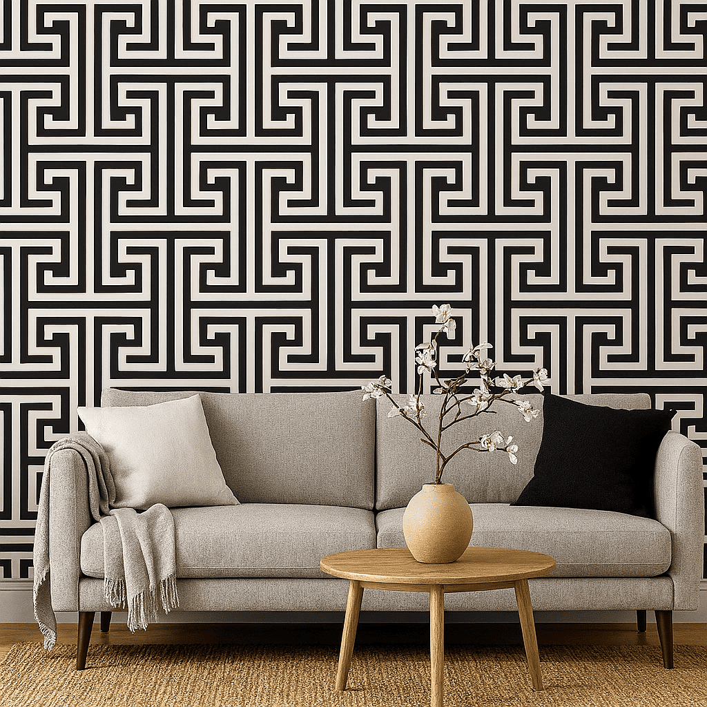 Black and white are deco square pattern available in paste the wall or peel and stick from Wallpaper Online South Africa