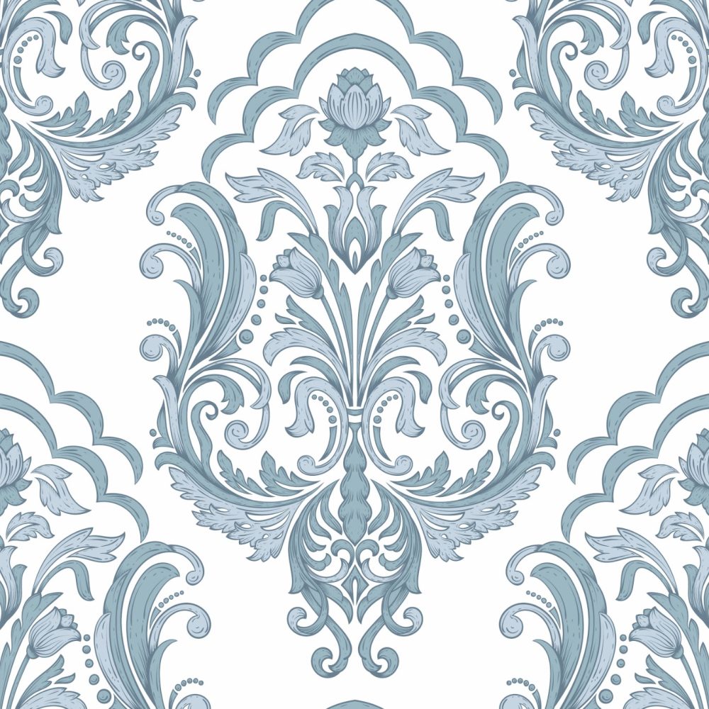 Blue and white damask pattern wallpaper