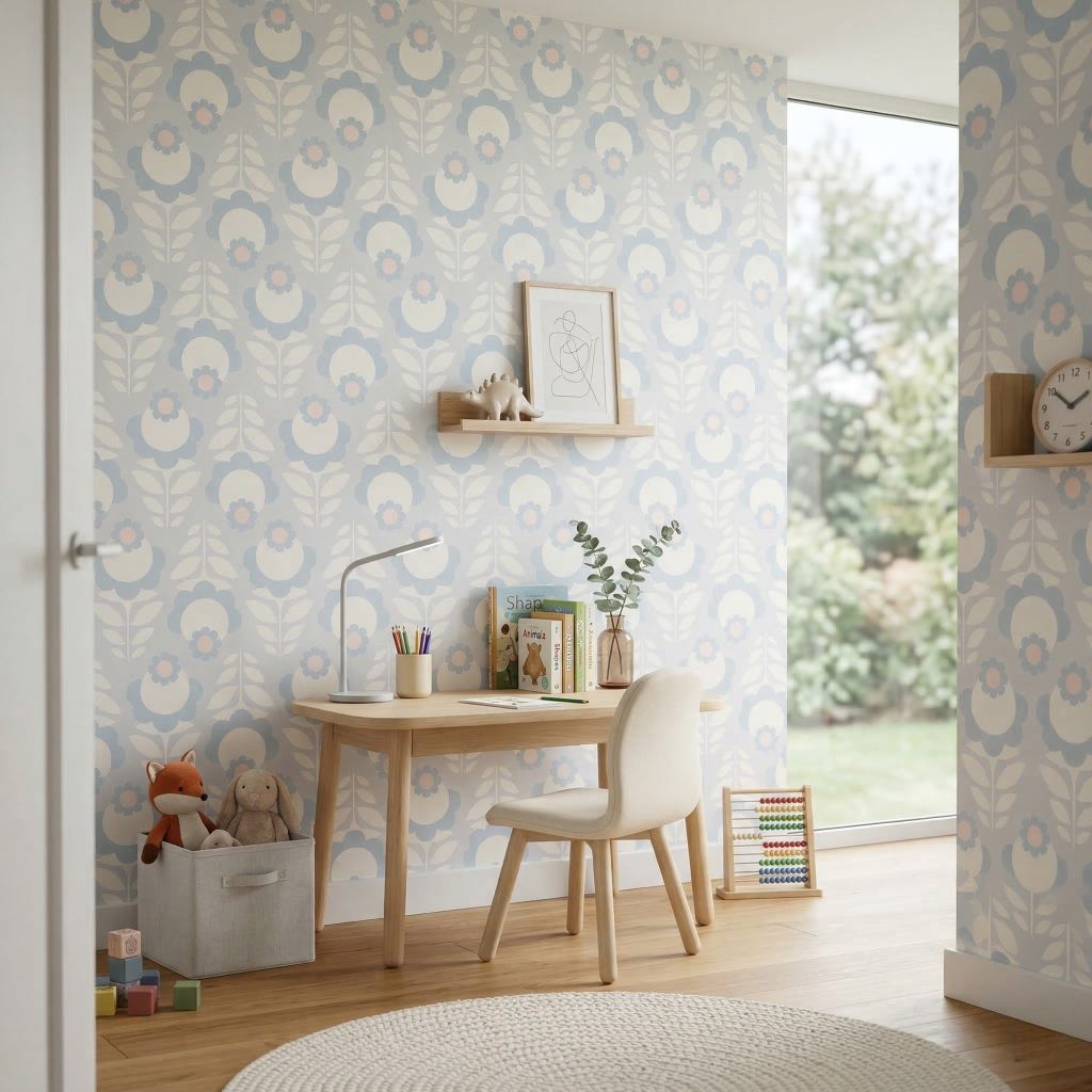 Light blue floral wallpaper in a kids study space with wooden desk and toys.