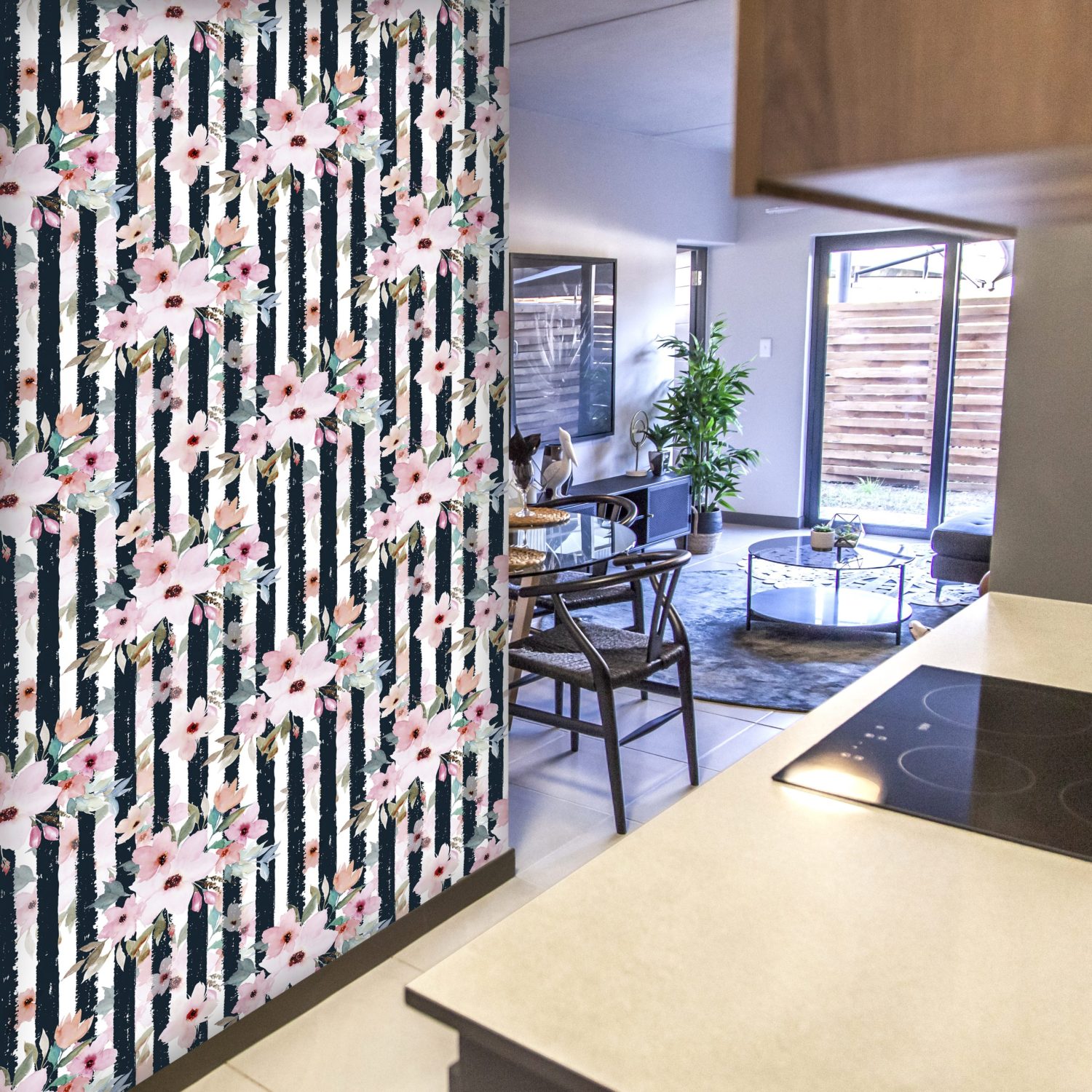 mixed pattern wallpaper, stripes and floral pattern in pink and black
