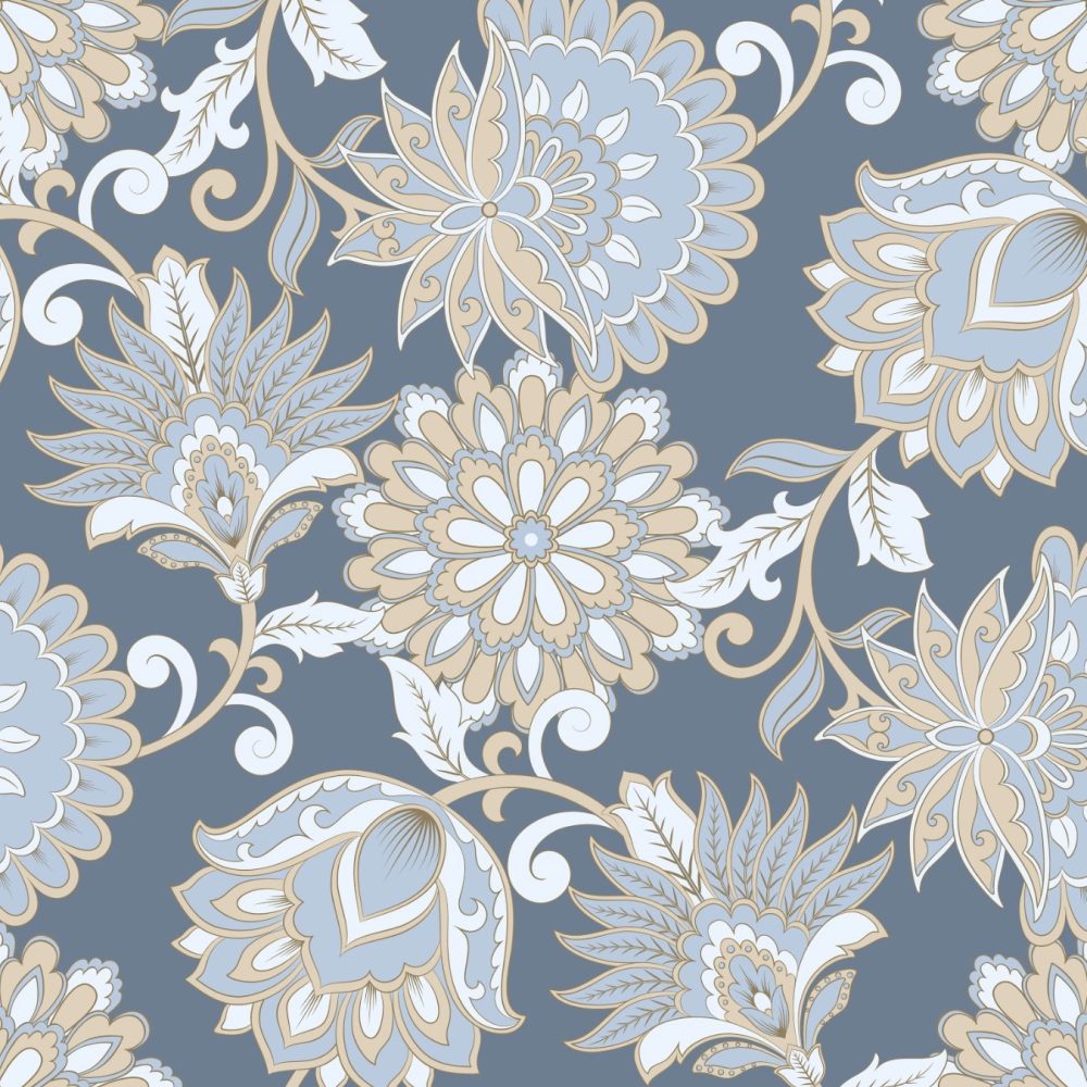 Stylised gold and blue flower pattern wallpaper and wall murals shop in South Africa. Wallpaper and wall mural online store with a huge range for sale.