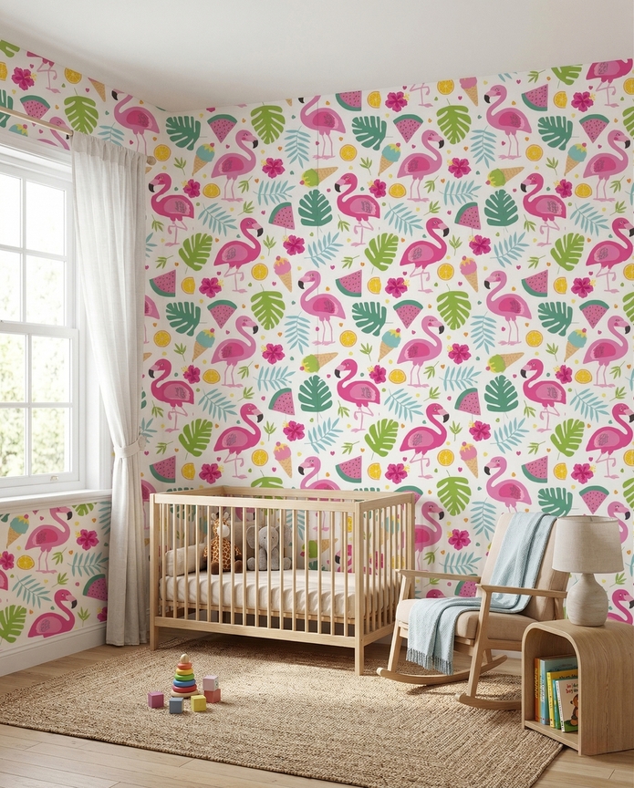 Pretty Paradise wallpaper with pink flamingos, tropical leaves and fruit
