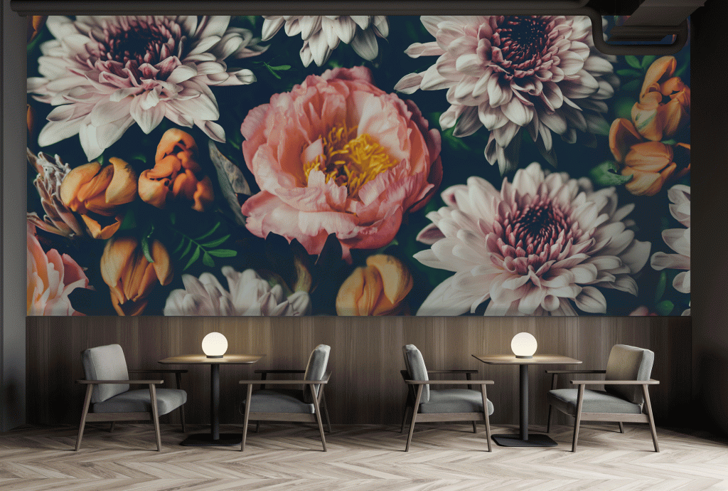 Mural Reece - This stunning floral mural showcases lush peonies and dahlias in soft pinks and creams, artfully arranged