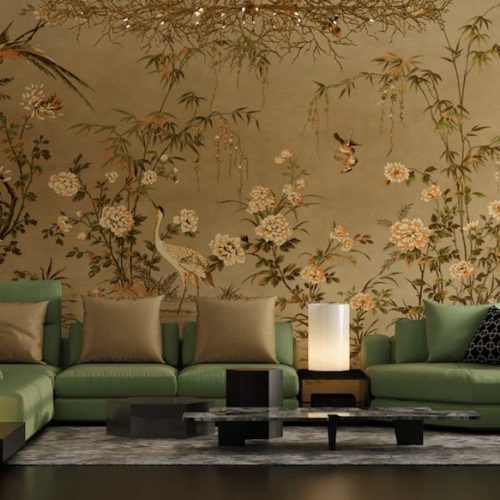 Japanese Ikebane style golden flower art wallpaper and wall murals shop in South Africa. Wallpaper and wall mural online store with a huge range for sale.