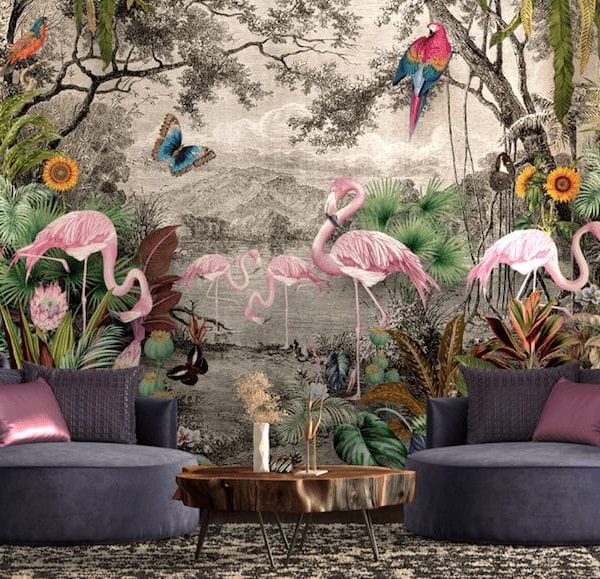 Flamingos, parrots and sunflowers by the forest's watering hole wallpaper and wall murals shop in South Africa. Wallpaper and wall mural online store with a huge range for sale.