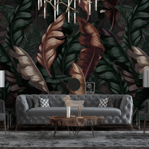 Artistic bronze, red and gold leaves on green leaf background wallpaper and wall murals shop in South Africa. Wallpaper and wall mural online store with a huge range for sale.