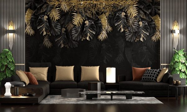 Statement Collection overhanging black tropical leaves with golden metallic finishes wallpaper and wall murals shop in South Africa. Wallpaper and wall mural online store with a huge range for sale.