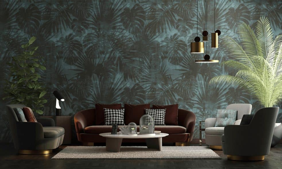 Statement Collection faded green and dark grey tropical leaves wallpaper and wall murals shop in South Africa. Wallpaper and wall mural online store with a huge range for sale.