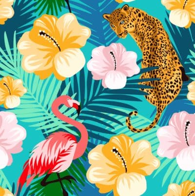 Flamingos and jaguars with tropical flowers wallpaper and wall murals shop in South Africa. Wallpaper and wall mural online store with a huge range for sale.