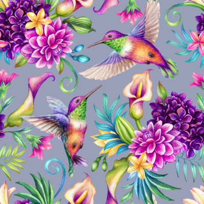 Bright hummingbirds and technicolour plants wallpaper and wall murals shop in South Africa. Wallpaper and wall mural online store with a huge range for sale.