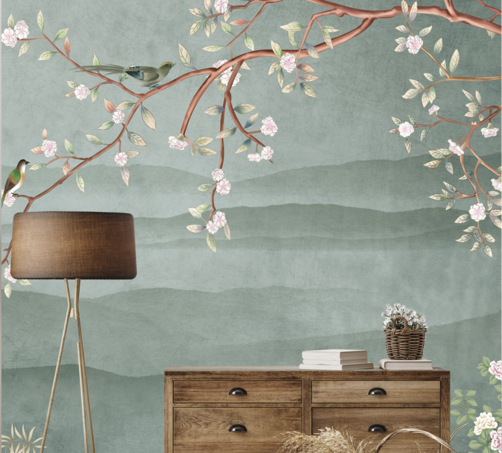 sage green and pink chinoiserie style blossoms and birds wallpaper online South Africa