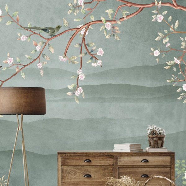 sage green and pink chinoiserie style blossoms and birds wallpaper online South Africa
