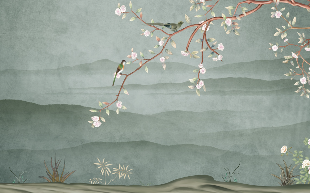 sage green and pink chinoiserie style blossoms and birds wallpaper online South Africa