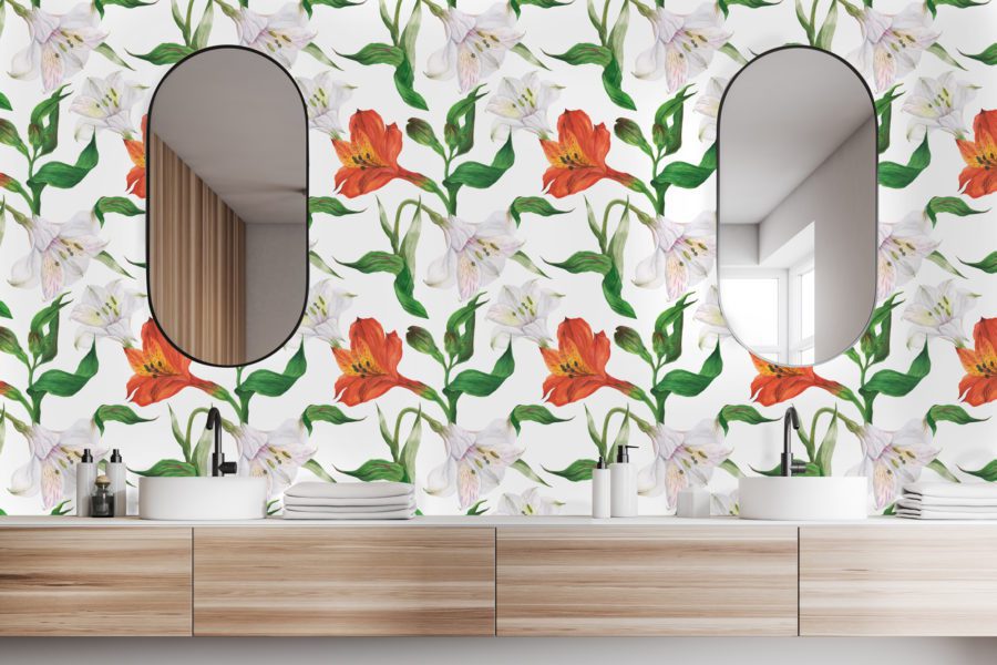 White orange lilies wallpaper and wall murals shop in South Africa. Wallpaper and wall mural online store with a huge range for sale.