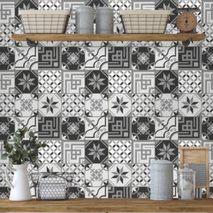 Greyscale geometric patterns on tiles wallpaper and wall murals shop in South Africa. Wallpaper and wall mural online store with a huge range for sale. 