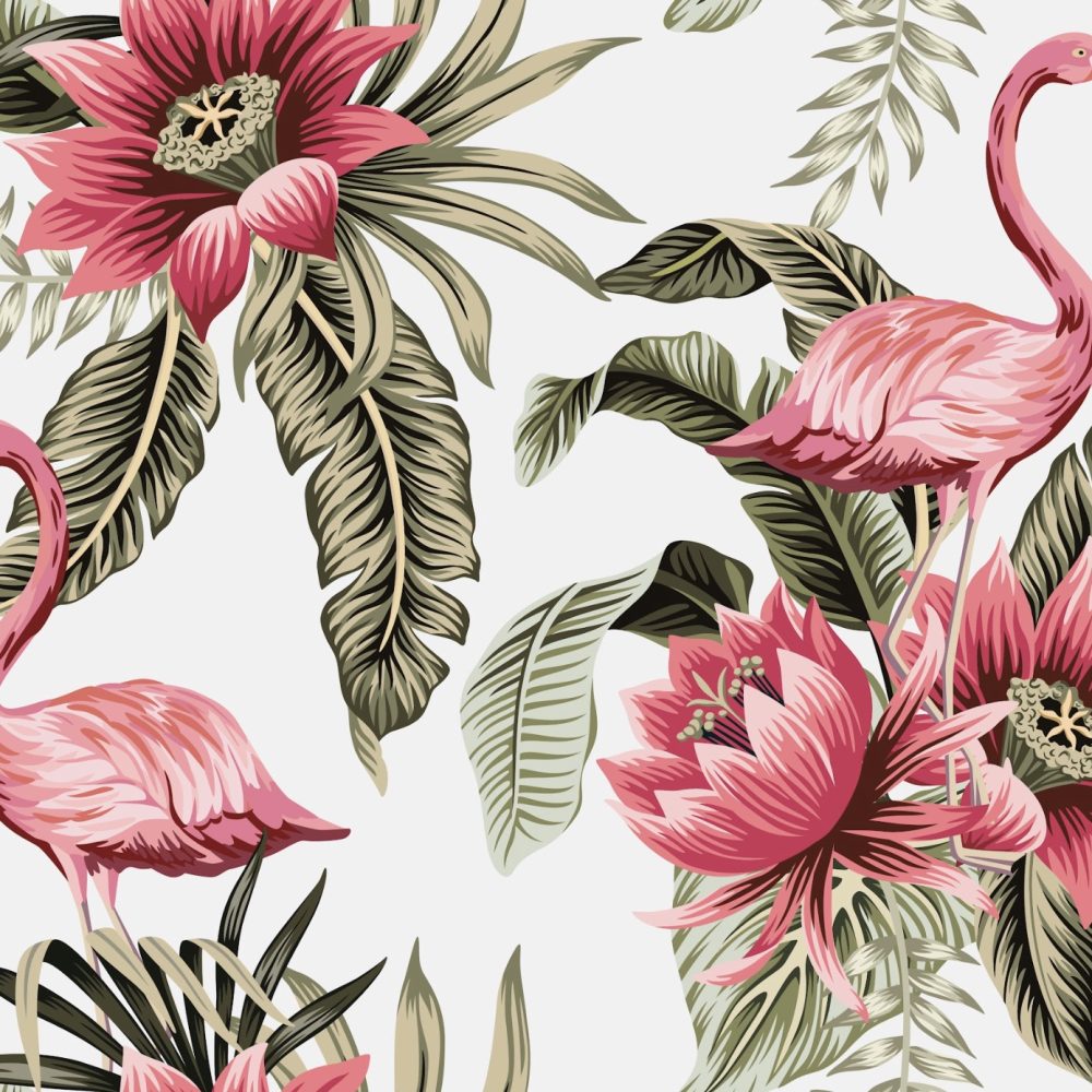 Pink proteas and flamingos with palms  wallpaper and wall murals shop in South Africa. Wallpaper and wall mural online store with a huge range for sale. 