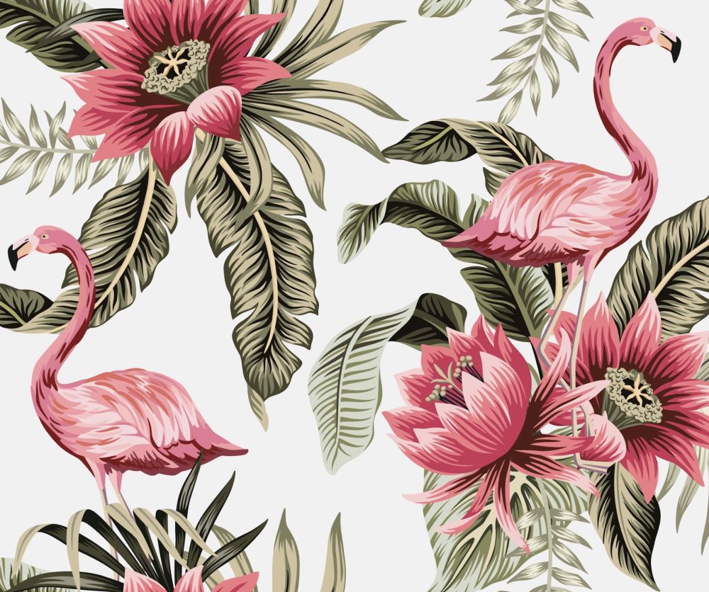 Pink proteas and flamingos with palms  wallpaper and wall murals shop in South Africa. Wallpaper and wall mural online store with a huge range for sale. 