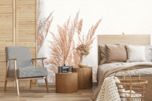 Autumn Breeze pampas grass wall mural in cream, beige and tan tones across a bedroom feature wall — Wallpaper Online South Africa