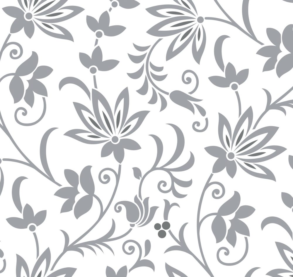 Stylised grey vines on white wallpaper