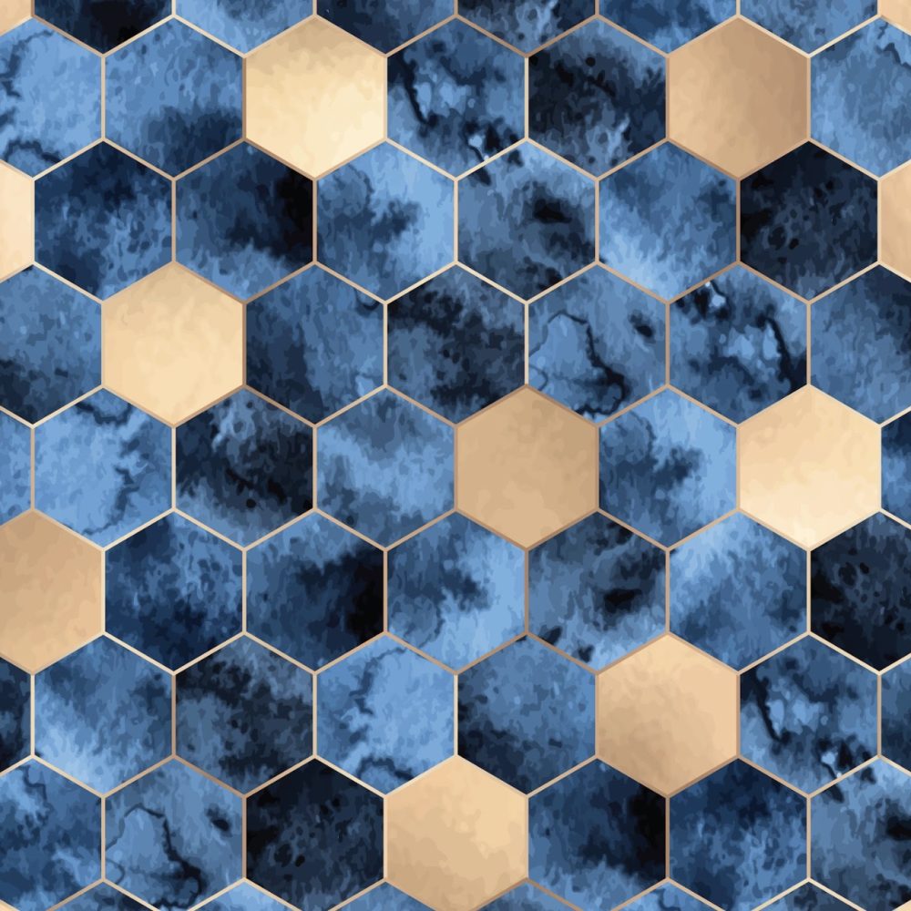 Blue and gold honeycomb tile wallpaper