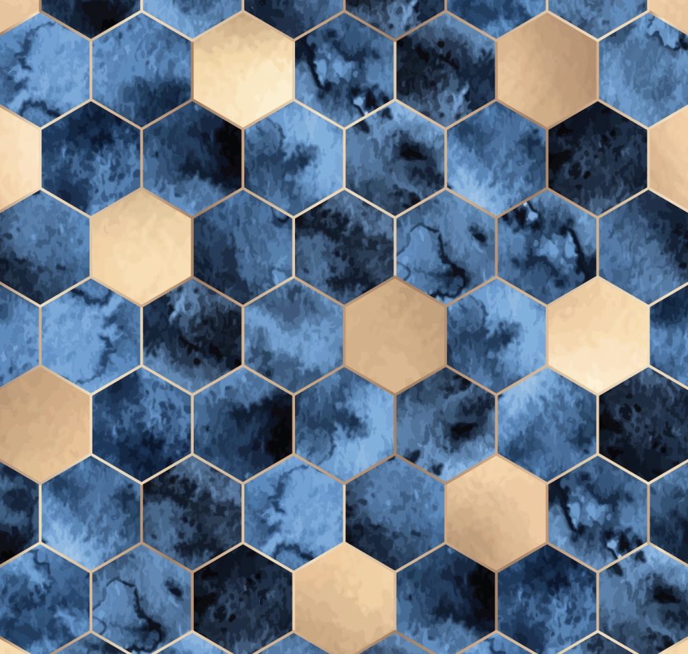 Blue and gold honeycomb tile wallpaper