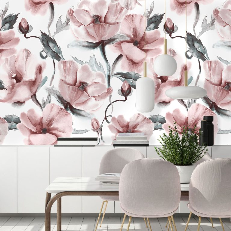 Textured Soul watercolour poppy wall mural in blush pink, sage green and burgundy across a contemporary bedroom — Wallpaper Online South Africa