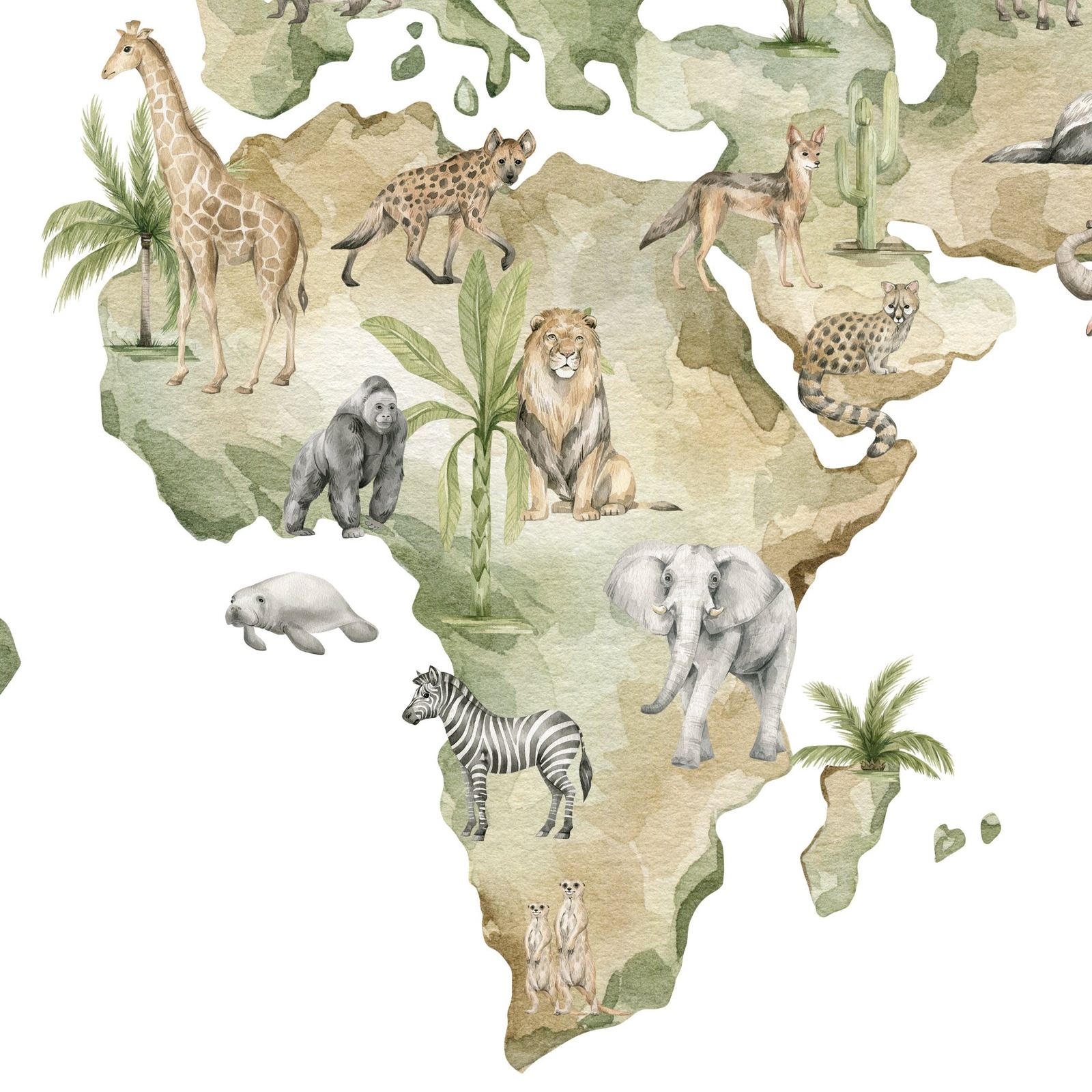 Mural Animal Kingdom Map 3 Wallpaper and Wall Murals South Africa Close-up of the Africa section of the animal world map mural: giraffe, lion, gorilla, elephant, zebra and meerkats in soft watercolour.