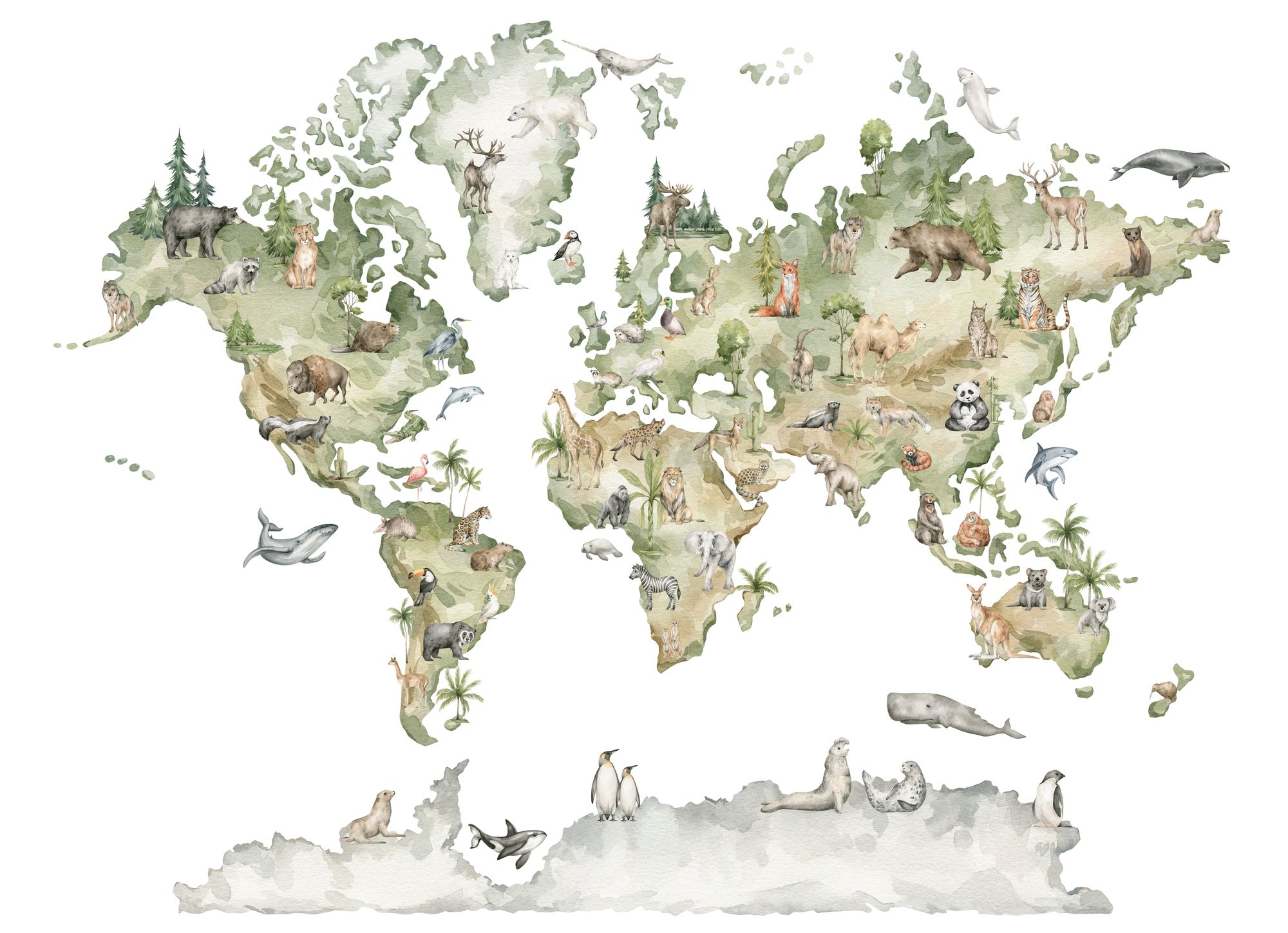 Mural Animal Kingdom Map 4 Wallpaper and Wall Murals South Africa Watercolour kids world map mural in sage green and sand tones, showing animals on every continent and penguins and seals on Antarctica.