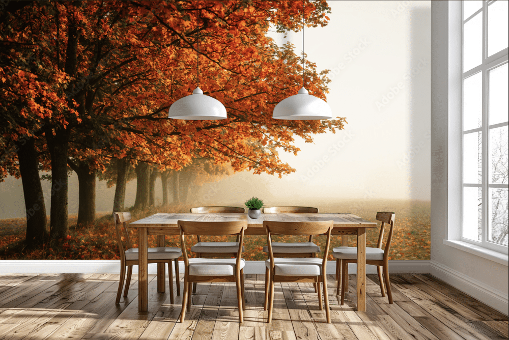 Oak trees in autumn with burnt orange leaves, a field disappearing into the mist. Autumn Stroll Forest Mural exclusively from Wallpaper Online South Africa.