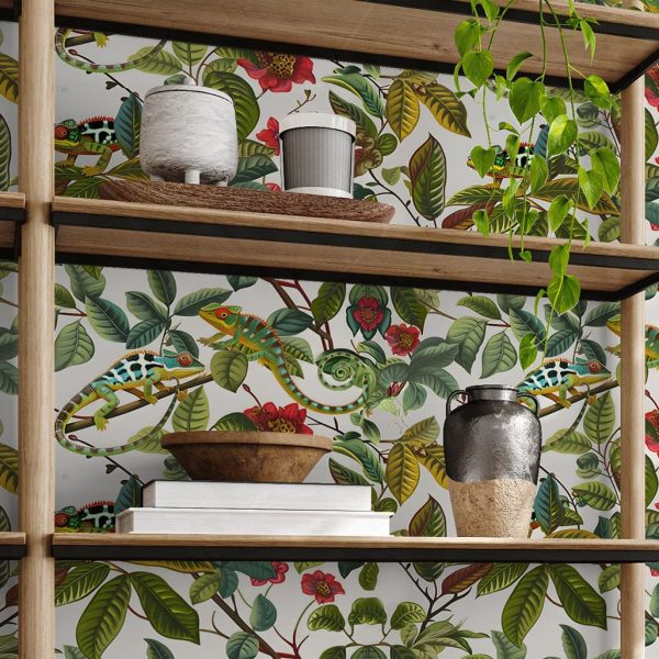 A green, grey, beige and red wallpaper of flowers intertwined with cheeky chameleons. Design available exclusively from Wallpaper Online South Africa.