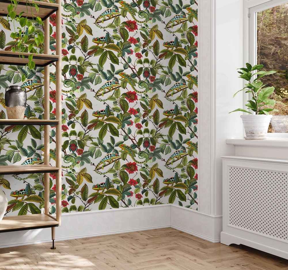 A green, grey, beige and red wallpaper of flowers intertwined with cheeky chameleons. Design available exclusively from Wallpaper Online South Africa.