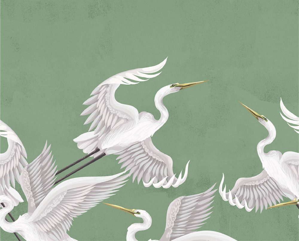 Taking flight heron wallpaper in green