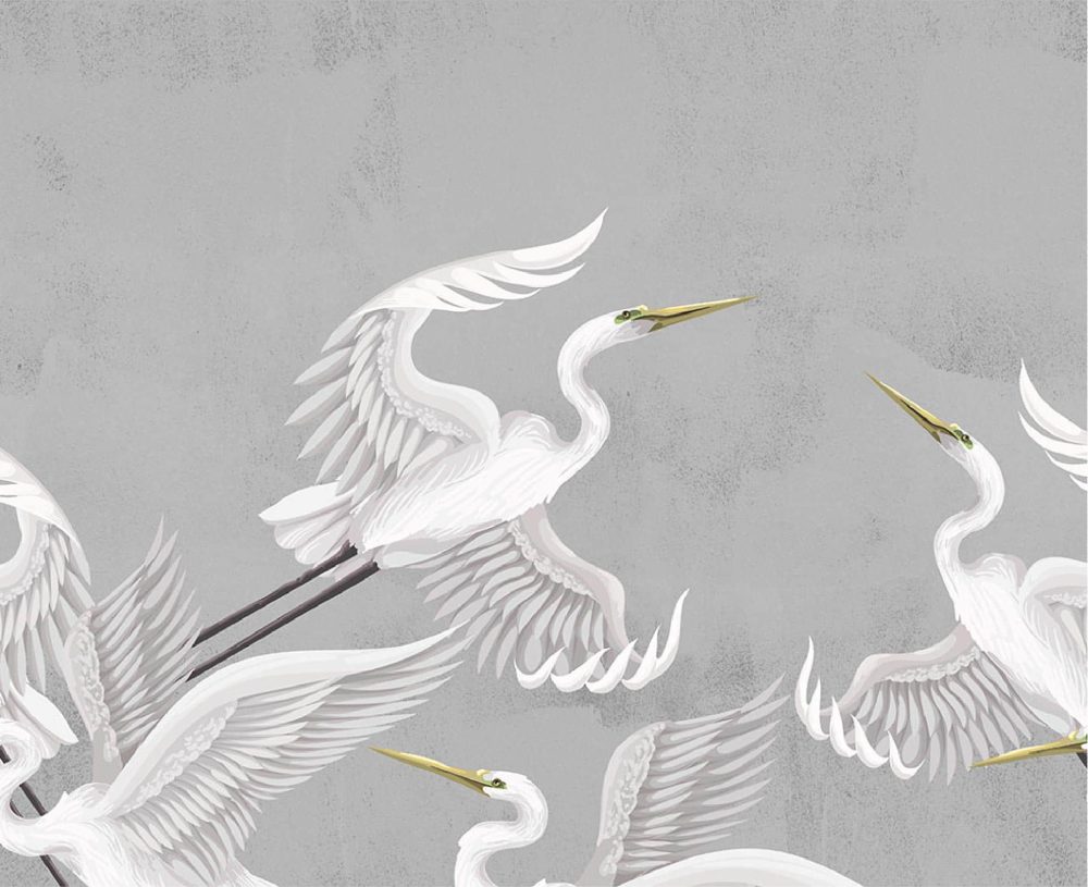 Taking flight heron wallpaper in grey