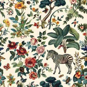 Bees & Zeb wallpaper with zebra and bees among botanical florals in cream, sage green and coral red across a nursery wall — Wallpaper Online South Africa