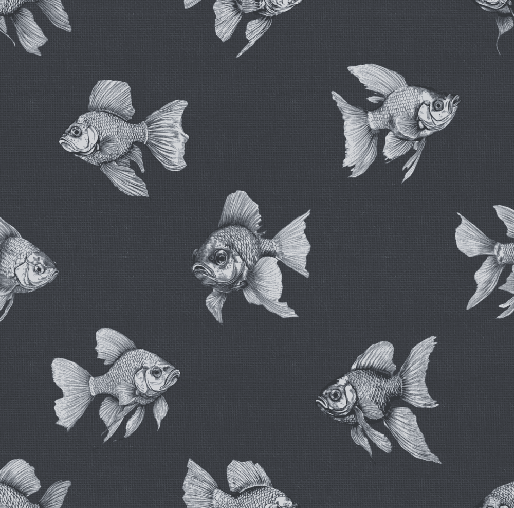 Charcoal and grey hand drawn gold fish wallpaper in exquisite detail for sale from Wallpaper Online South Africa