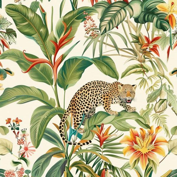 A crouching leopard amongst lush plants and flowers against a cream background wallpaper. Exclusively available from Wallpaper Online South Africa
