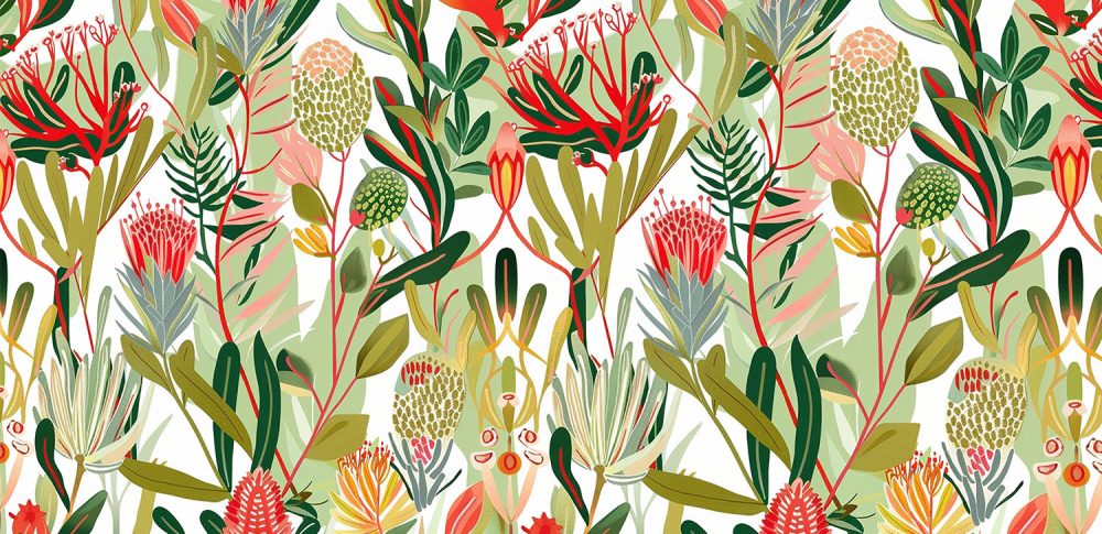 An artistic drawing of fynbos plants in a myriad of colours. Wall Mural available exclusively from Wallpaper Online South Africa.