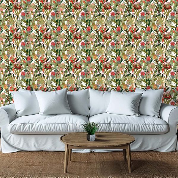 An artistic drawing of fynbos plants in a myriad of colours. Wallpaper available exclusively from Wallpaper Online South Africa.