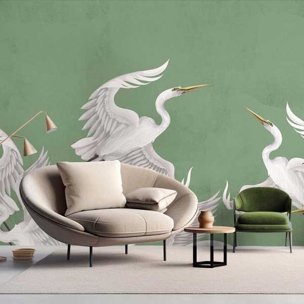 Taking flight heron wallpaper in green