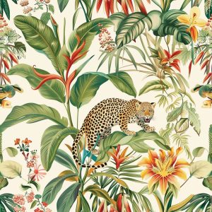 Jungle Claw leopard wallpaper in cream with red flowers and gold botanicals across a dining room feature wall — Wallpaper Online South Africa