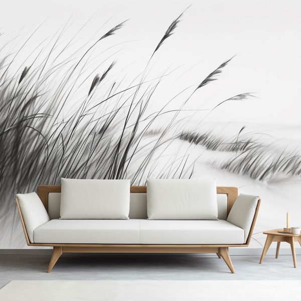 A charcoal sketch of reeds growing on the edge of the beach