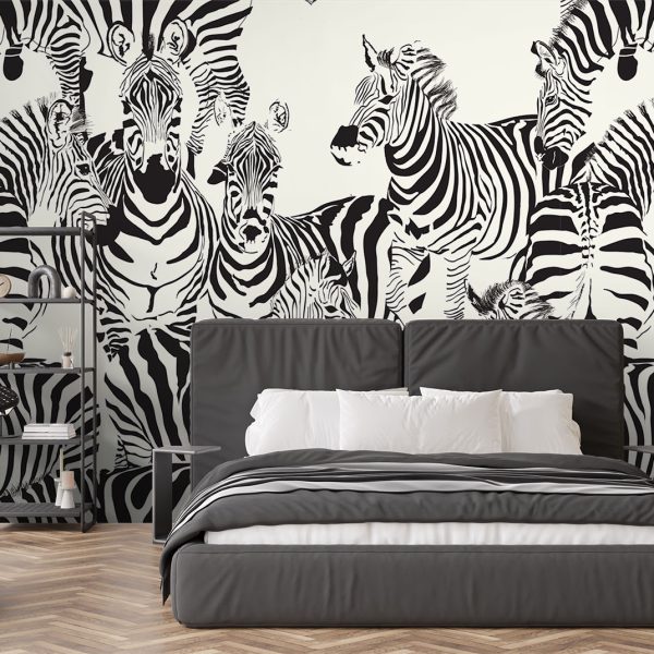 Mural of a herd of zebra looking inquisitively at you. Wallpaper sold by Wallpaper Online South Africa