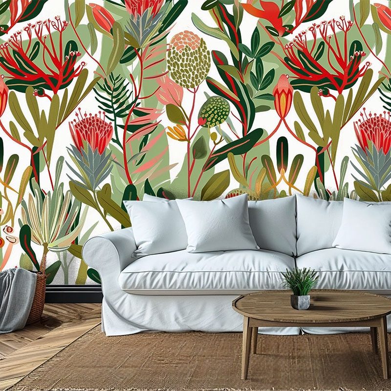 An artistic drawing of fynbos plants in a myriad of colours. Wall Mural available exclusively from Wallpaper Online South Africa.