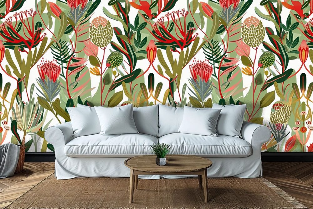 An artistic drawing of fynbos plants in a myriad of colours. Wall Mural available exclusively from Wallpaper Online South Africa.