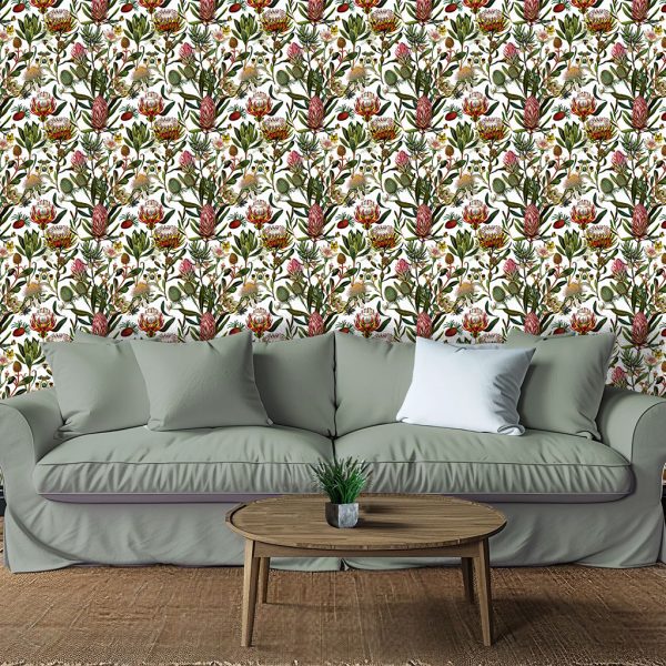 A botanical drawing of fynbos plants in a myriad of colours. Wall Mural available exclusively from Wallpaper Online South Africa.