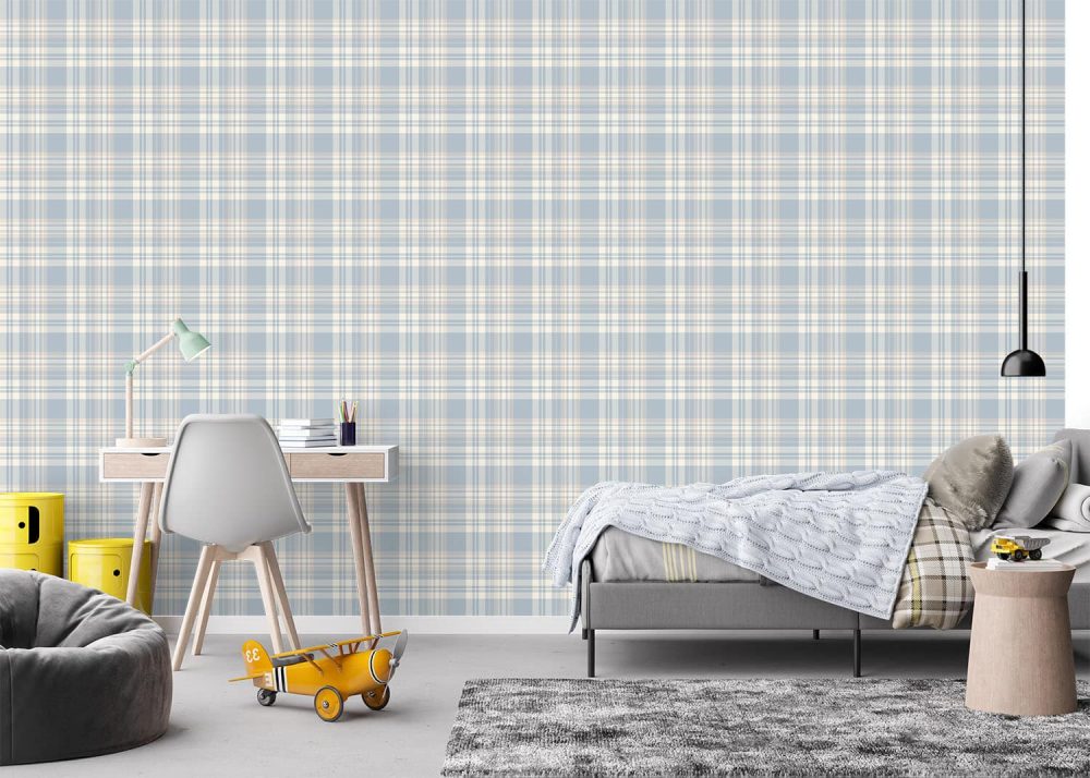 Light blue, beige and cream plaid design wallpaper. Tartan wallpaper for sale from Wallpaper Online South Africa