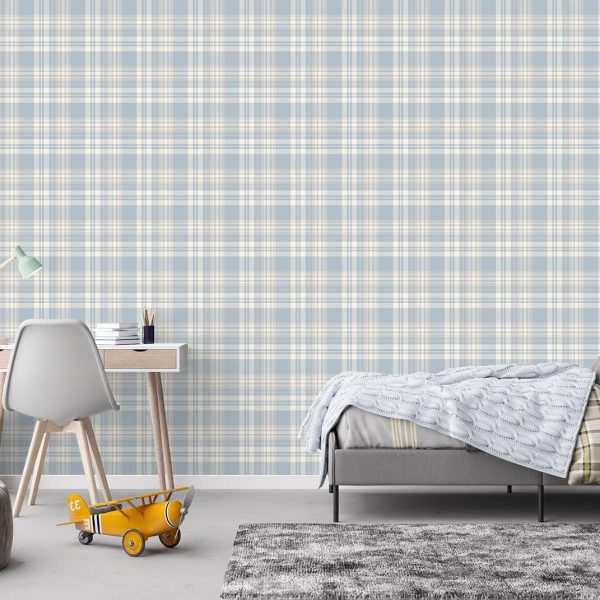 Light blue, beige and cream plaid design wallpaper. Tartan wallpaper for sale from Wallpaper Online South Africa